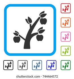 Apple Tree icon. Flat gray iconic symbol inside a blue rounded rectangle. Black, gray, green, blue, red, orange color variants of Apple Tree vector. Designed for web and software interfaces.