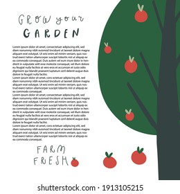 Ilustración de árbol de Apple, espacio libre de copia para texto. La frase escrita a mano hace que tu granja de huertos esté fresca. Plantilla de vector para el diseño de la página del folleto de la tarjeta