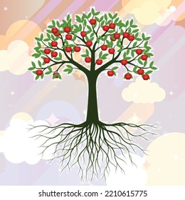 Apple tree illustration on cloud and sky background