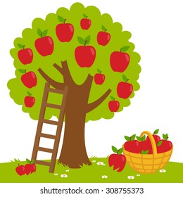 An Apple Tree, A Ladder And A Basket With Harvested Apples. Vector Illustration