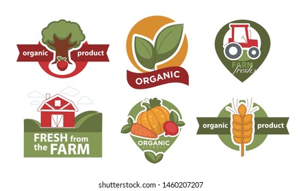 Apple tree and leaves tractor and barn vegetables and wheat spike organic product isolated icon vector carrot pumpkin and beet crop emblem and logo, farm food natural products nutrition agriculture
