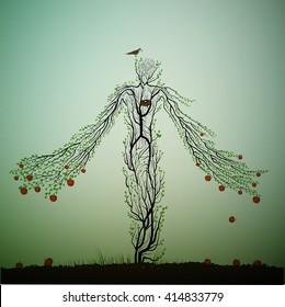 apple tree looks like a woman and stretching his hands ranches with red apples, magic apple tree character, dreamland or wonderland tree, plant alive,  vector