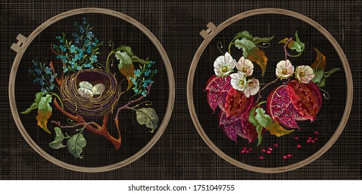 Apple tree, meadow herbs and bird nest with eggs. Ripened red pomegranate and white flowers. Embroidery collection. Fashion template tambour frame with a canvas, elements from stitches 