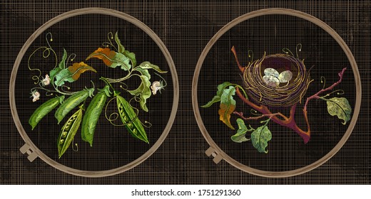 Apple tree, meadow herbs and bird nest with eggs. Pods of green peas. Embroidery collection. Fashion template tambour frame with a canvas, elements from stitches. Art for clothes, textile 