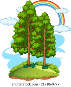 Apple tree in nature with rainbow in the sky illustration