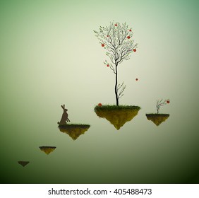 apple tree on the flying rock and hare, piece of nature, scene from the dreamland, hare and magic apple, vector