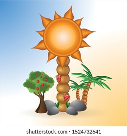 Apple tree and palm tree and sun standing on a pillar