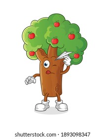Apple tree with paper plane character. cartoon mascot vector
