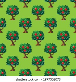 Apple tree pattern pixel art. Seamless pattern. Pixel art tree pattern.