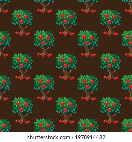 Apple tree pattern pixel art. Seamless pattern. Pixel art tree pattern.