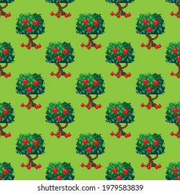 Apple tree pattern pixel art. Seamless pattern. Pixel art tree pattern.