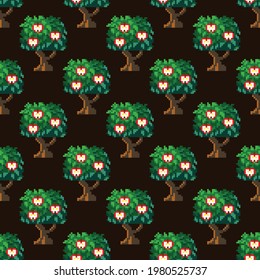 Apple tree pattern pixel art. Seamless pattern. Pixel art tree pattern.
