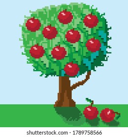Apple tree pixel art. Vector picture.