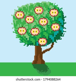 Apple tree pixel art. Vector picture.