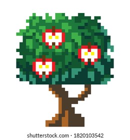 Apple tree pixel art. Vector picture.	