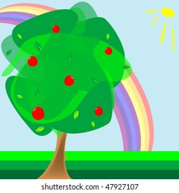 apple tree and rainbow, abstract composition; vector art illustration