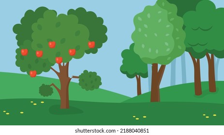 Árbol de manzana con manzanas rojas entre otros árboles