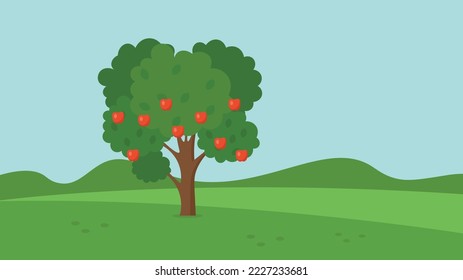 An apple tree with red apples grows in a clearing