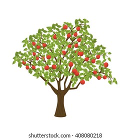 Apple tree with red apples. Isolated vector illustration on white background.