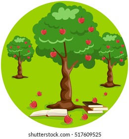 apple tree with red apples and stack of book on ground