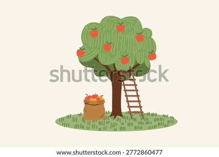 Apple tree with red apples and wooden ladder in the garden, harvest time with full sack of fruits, organic orchard farming vector illustration