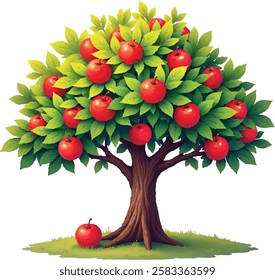 Apple Tree with Red Fruits, Green Leaves, Nature Illustration, Farming, Harvest, Botanical, Organic, Vector Art.