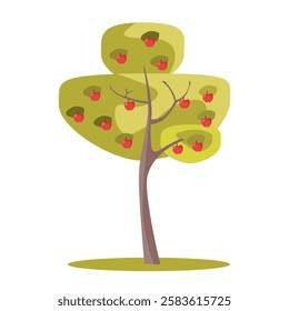 Apple tree. Red ripe apples on branches in orchard. Harvesting season. Healthy food. Eco, bio fruits production. Flat vector illustration.