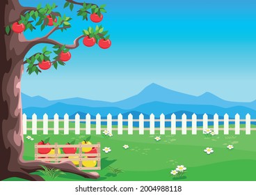 Apple tree with ripe apples in the garden against the blue sky. Harvesting apples. Harvest celebration. Thanksgiving Day. Vector illustration.