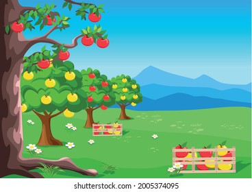 Apple tree with ripe apples in the garden against the blue sky. Harvesting apples. Harvest celebration. Thanksgiving Day. Vector illustration.