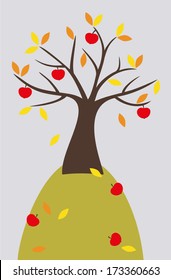 apple tree with ripe fruits and colored leaves