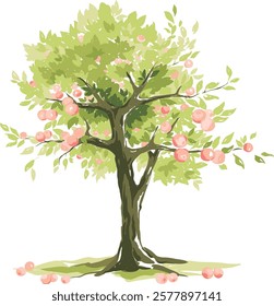 Apple tree with ripe fruits. Hand drawn vector illustration in watercolor style, lush tree with red apples.	