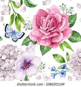 Apple tree, roses, hydrangea flowers petals and leaves in watercolor style on white background. Seamless pattern for textile, wrapping paper, package, Art vector illustration.