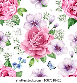 Apple tree, roses, hydrangea flowers petals and leaves in watercolor style on white background. Seamless pattern for textile, wrapping paper, package, Art vector illustration.