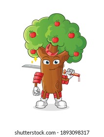 Apple tree samurai cartoon. cartoon mascot vector