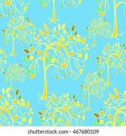 apple tree seamless pattern on blue vector illustration