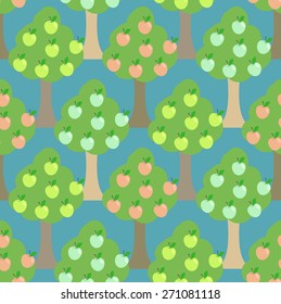Apple tree seamless pattern. Orchard background. Fall season previews with fruit trees at harvest time. Seamless vector pattern.
