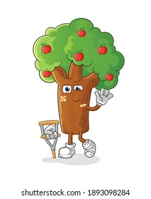 Apple tree sick with limping stick character. cartoon mascot vector