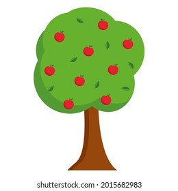 Apple Tree Simplified Vector Illustration. A Tree With A Green Crown And Red Apples. Fruit Tree, Flat. Ripe Harvest.