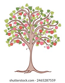 Apple tree single, decorative, red ripe aplles, green leaves, vector illustration isolated on white