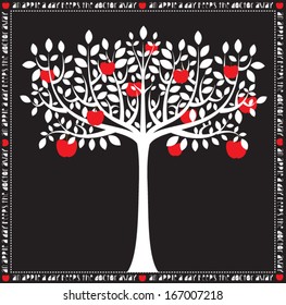 Apple Tree - Stylized monochromatic, white-on-black apple tree poster, with red apples