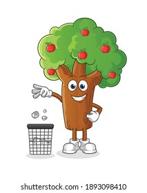 Apple tree Throw garbage in trash can mascot. cartoon vector