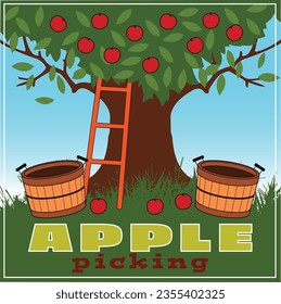 An apple tree with two baskets underneath.