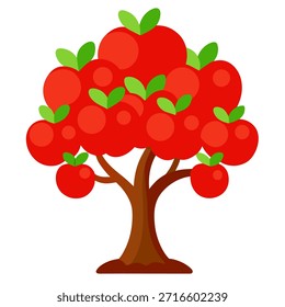Ilustración del Arte vectorial del árbol de manzana con las manzanas rojas maduras, colores planos limpios, aislados en el fondo blanco