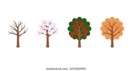 Apple tree, Vector Set, Seasons, Simple vector illustration
