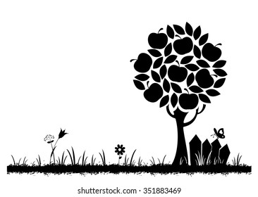 Apple tree. Vector silhouette. White background.