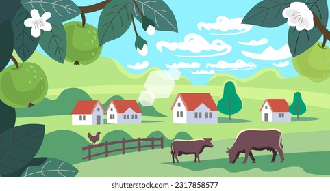 Apple tree and village. Cows in farm field with houses. Summer landscape