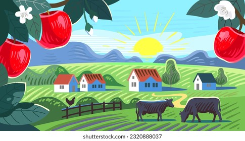 Apple tree and village. Cows in farm field with houses. Summer landscape