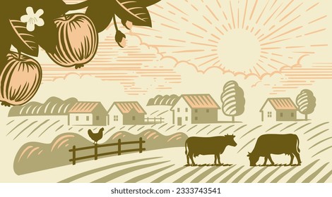 Apple tree and village. Cows in farm field with houses. Summer landscape