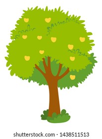 Apple tree with yellow fruits on green crown isolated. Vector ripe healthy desserts grown on plant, autumn harvest or crop of healthy organic food