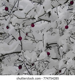 Apple trees with apples in snow in black and white colors the seamless pattern for nature background.
